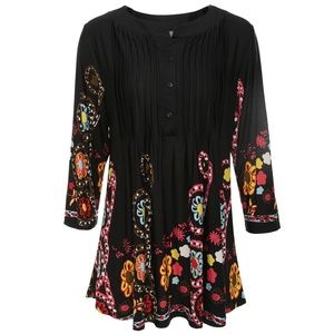 Black Floral Tunic w/ Colorful Abstract Designs